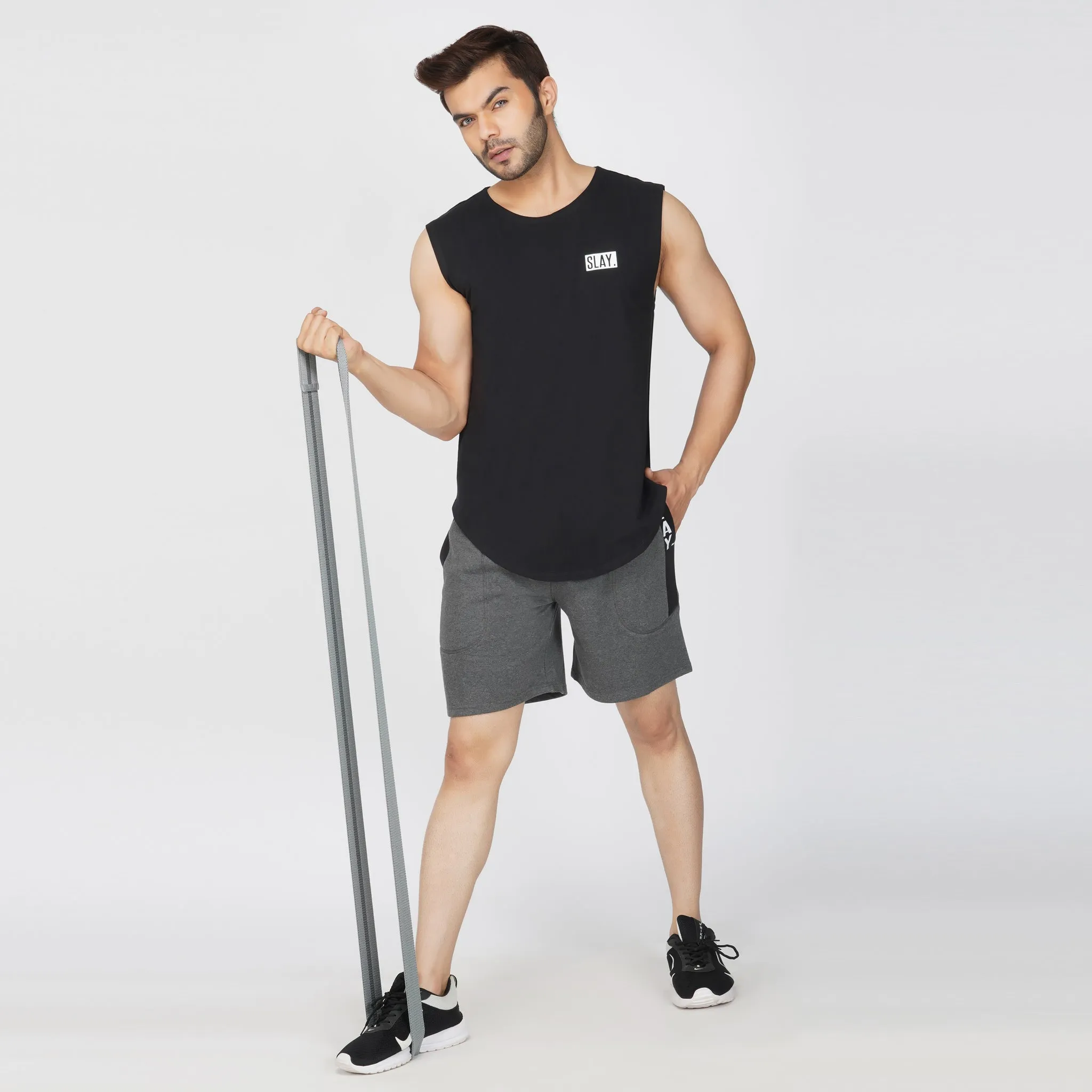 SLAY. Men's Dark Grey Activewear Sports Shorts with Black Stripes