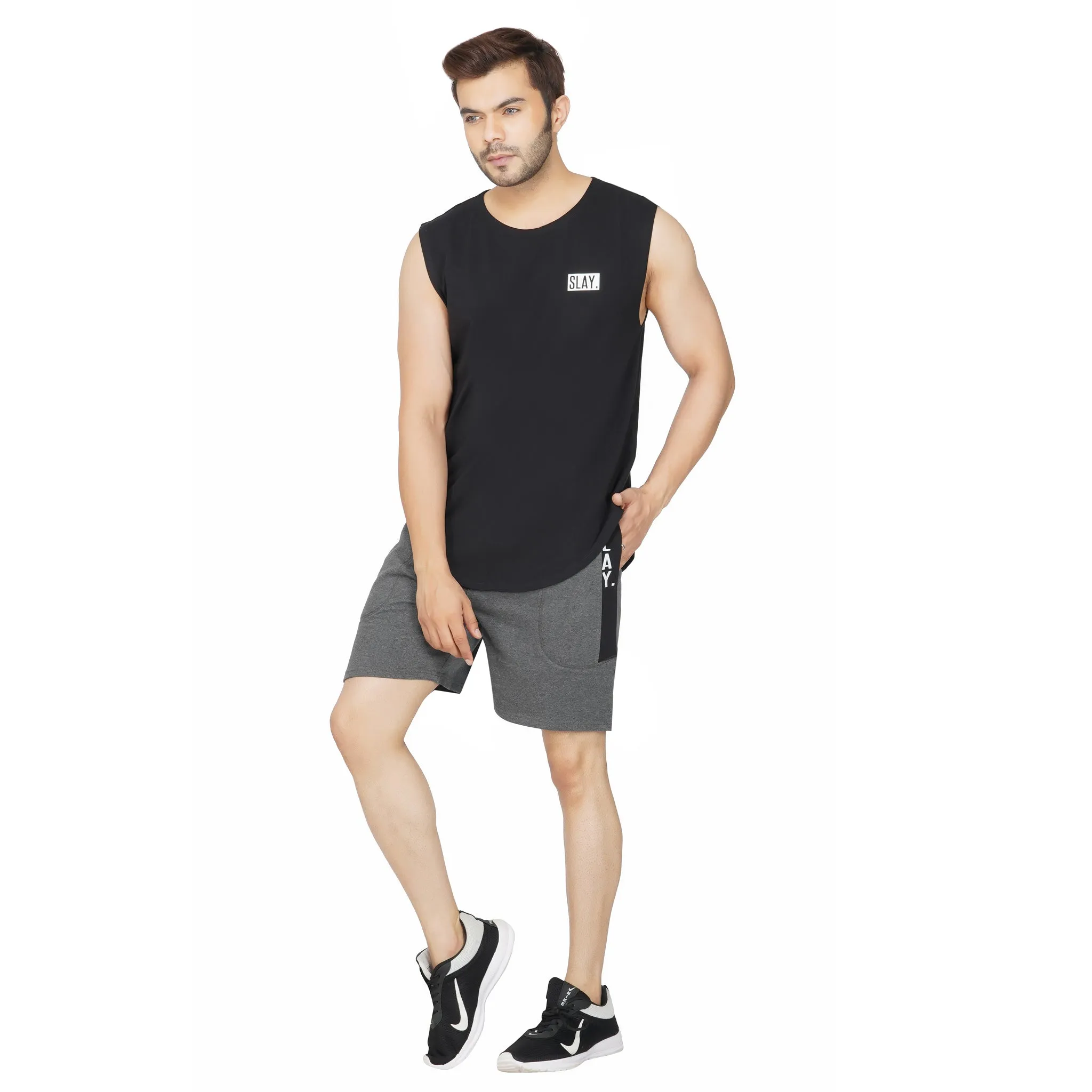 SLAY. Men's Dark Grey Activewear Sports Shorts with Black Stripes