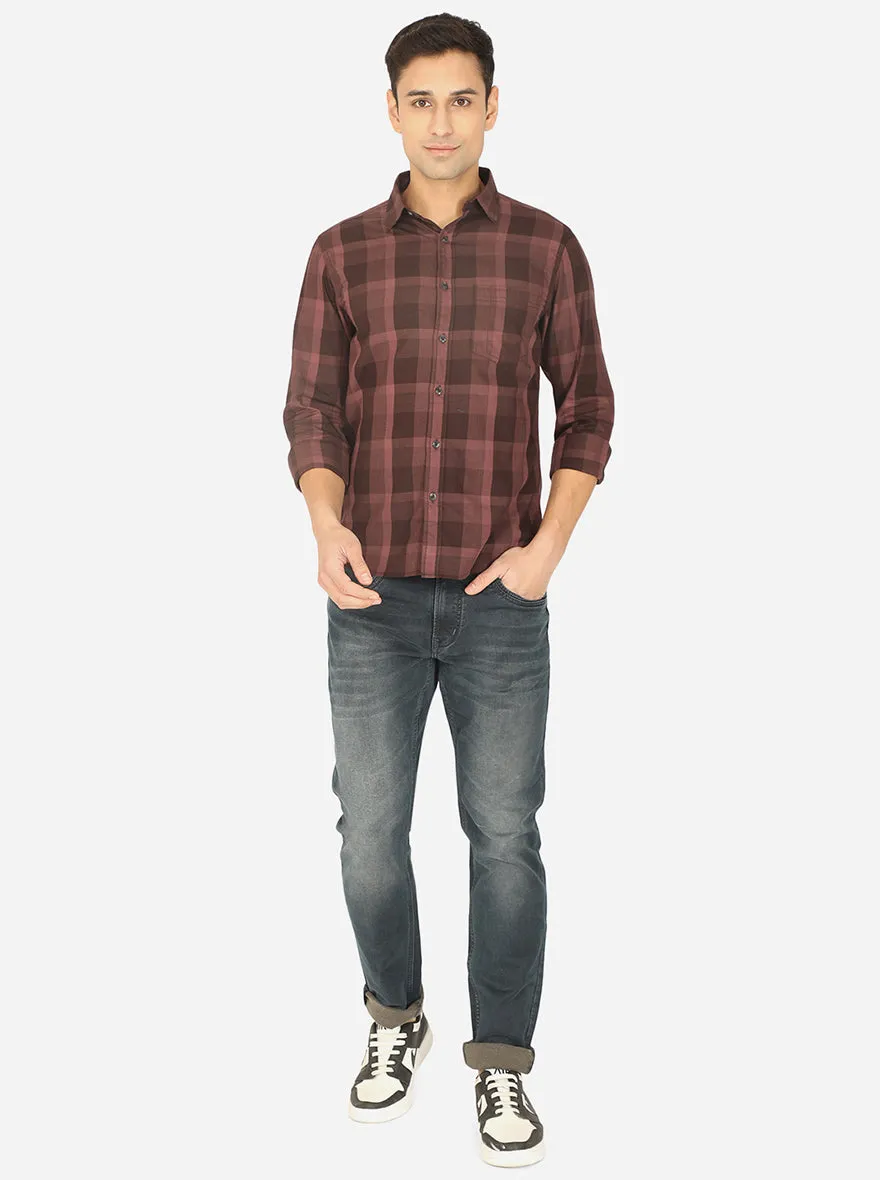 Stone Brown Checked Slim Fit Semi Casual Shirt | Greenfibre