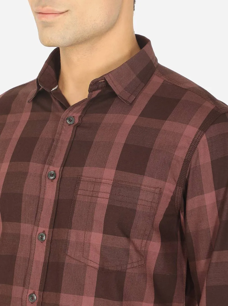 Stone Brown Checked Slim Fit Semi Casual Shirt | Greenfibre