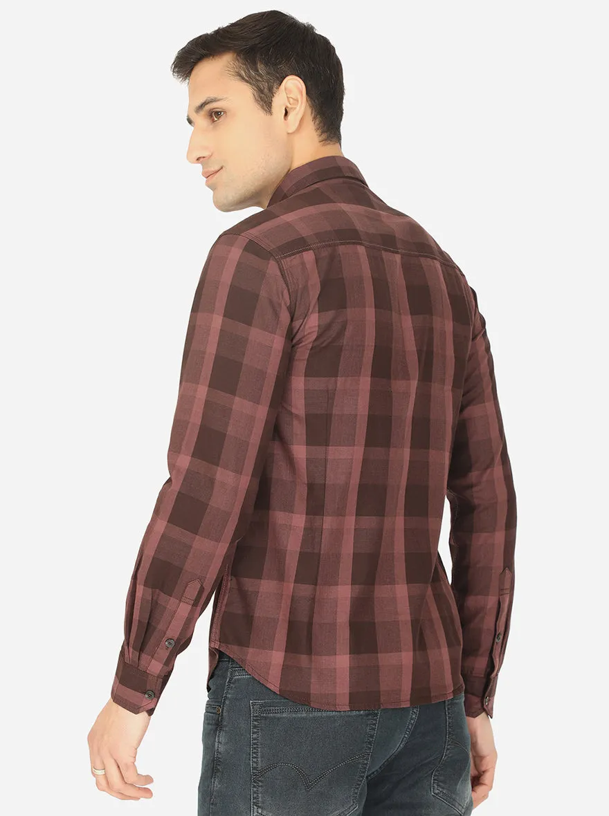 Stone Brown Checked Slim Fit Semi Casual Shirt | Greenfibre