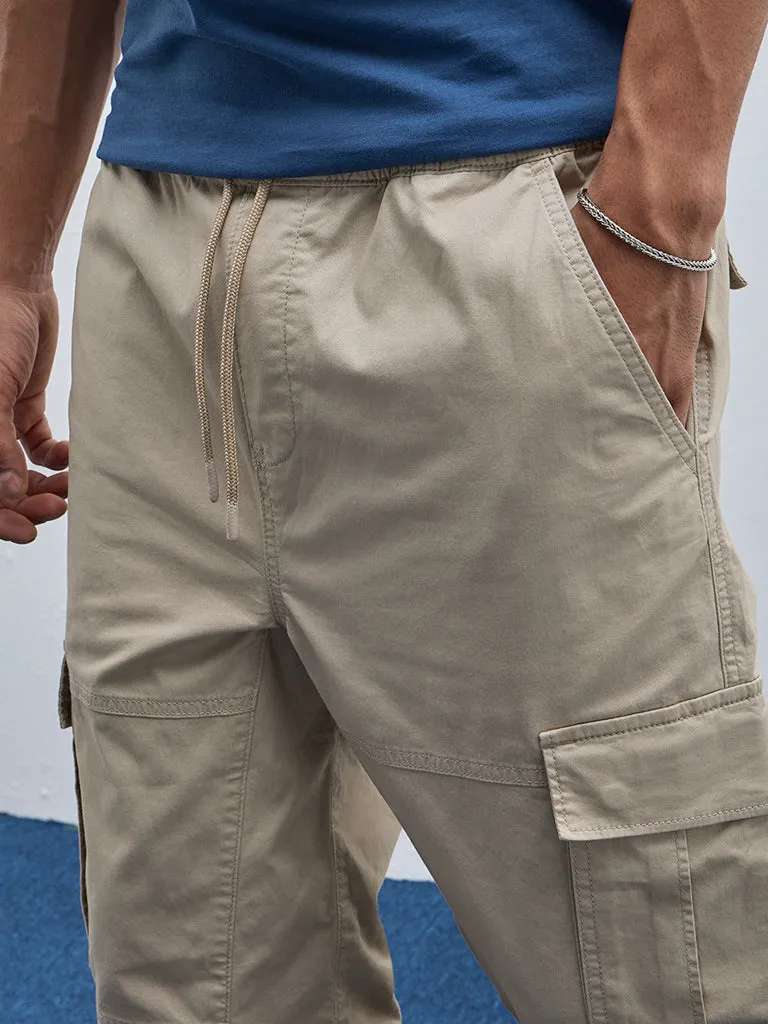 WES Casuals Beige Cargo-Style Relaxed-Fit Mid-Rise Joggers