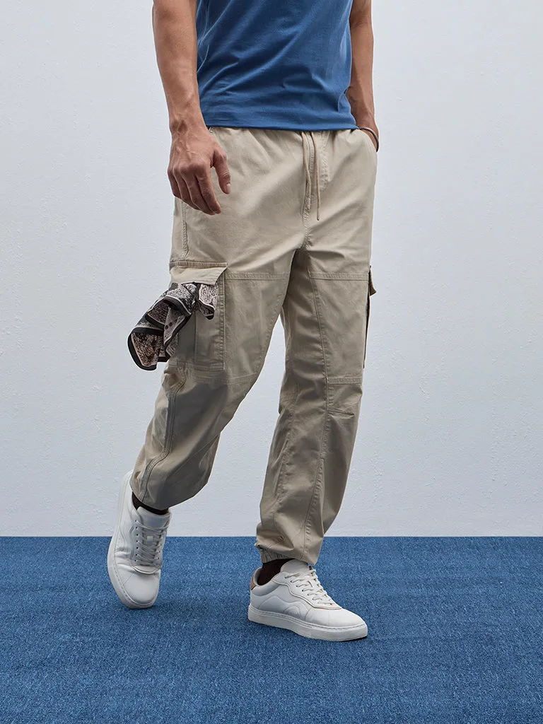 WES Casuals Beige Cargo-Style Relaxed-Fit Mid-Rise Joggers