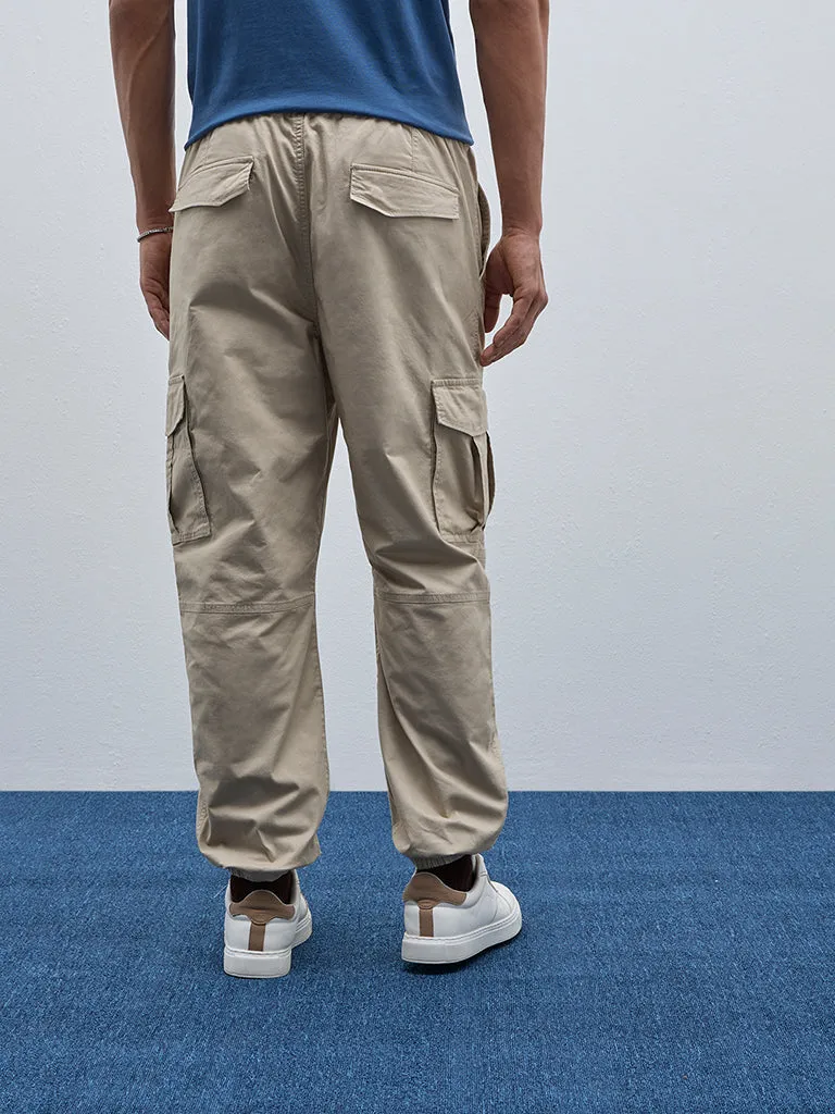 WES Casuals Beige Cargo-Style Relaxed-Fit Mid-Rise Joggers