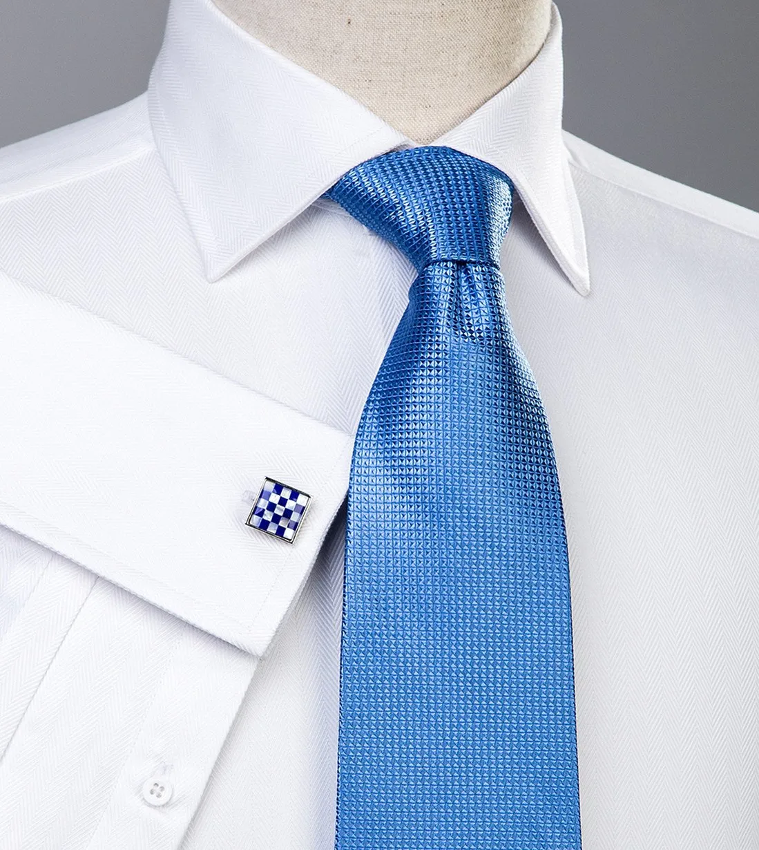 White Herringbone Formal Business Dress Shirt in French Double Cuffs