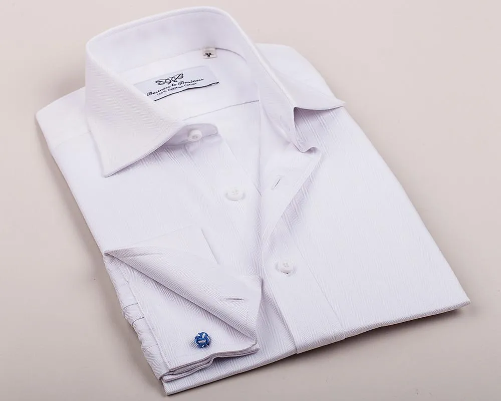 White Herringbone Formal Business Dress Shirt in French Double Cuffs