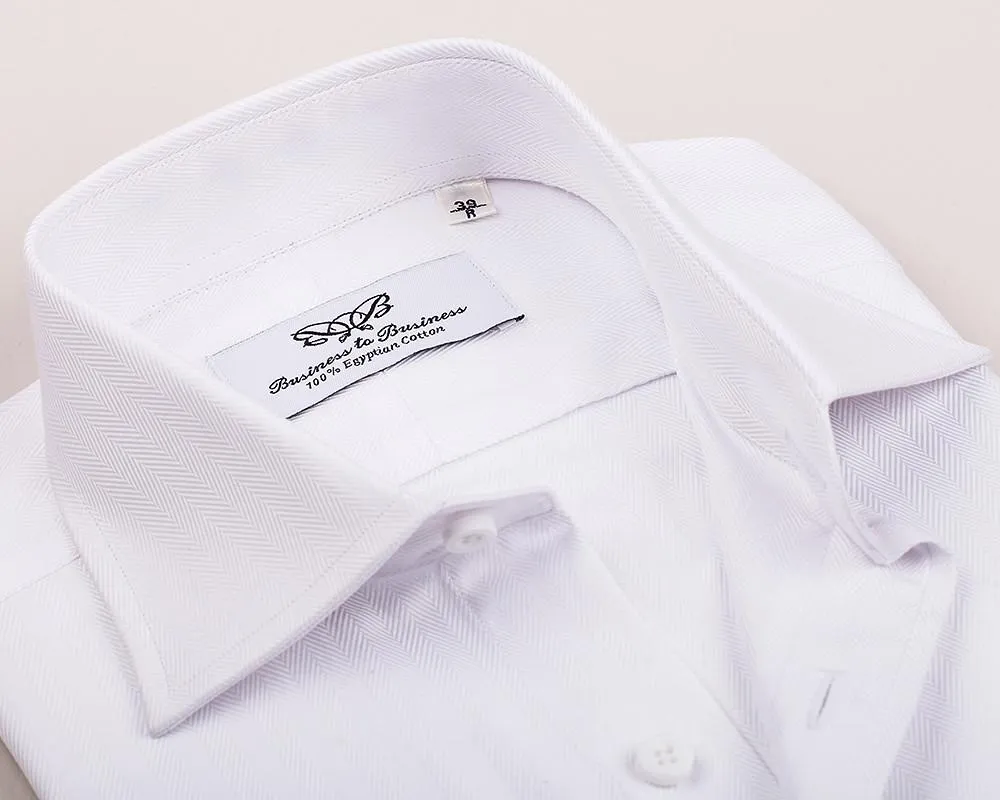 White Herringbone Formal Business Dress Shirt in French Double Cuffs