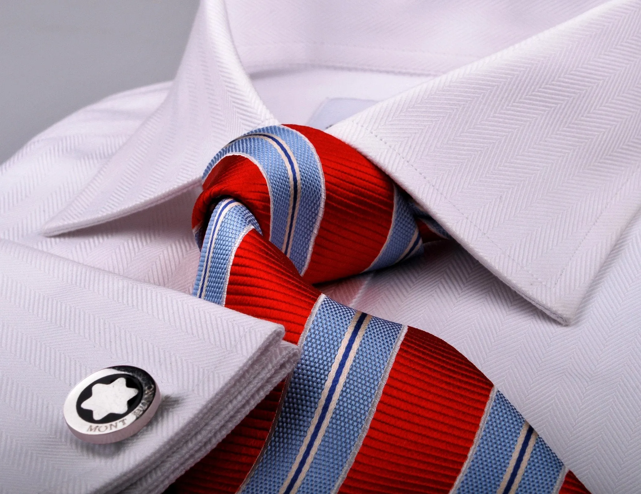 White Herringbone Formal Business Dress Shirt in French Double Cuffs