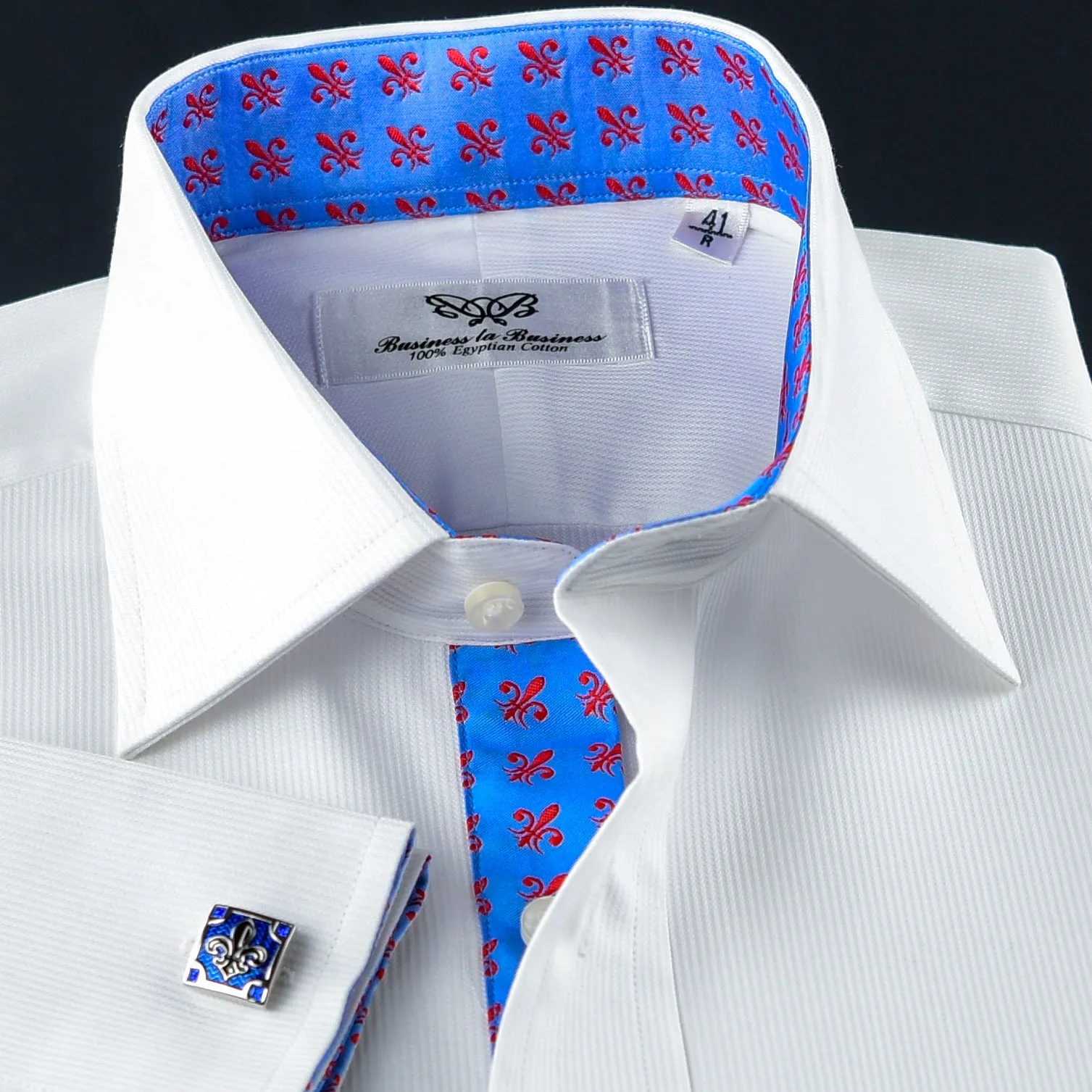 White Shadow Fade Twill Formal Business Dress Shirt with Fleur-De-Lis