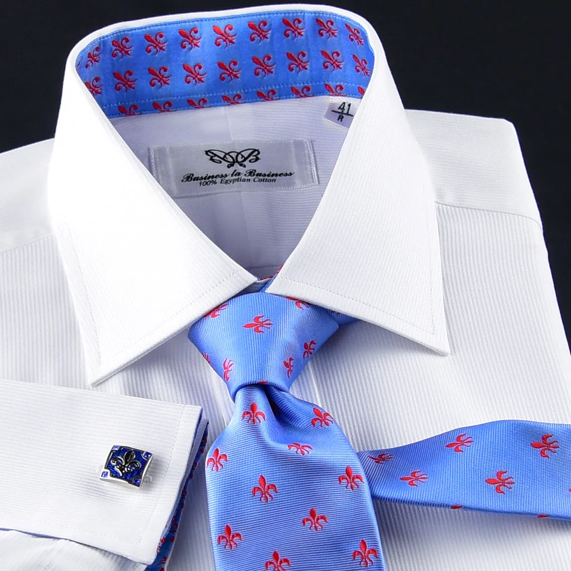 White Shadow Fade Twill Formal Business Dress Shirt with Fleur-De-Lis