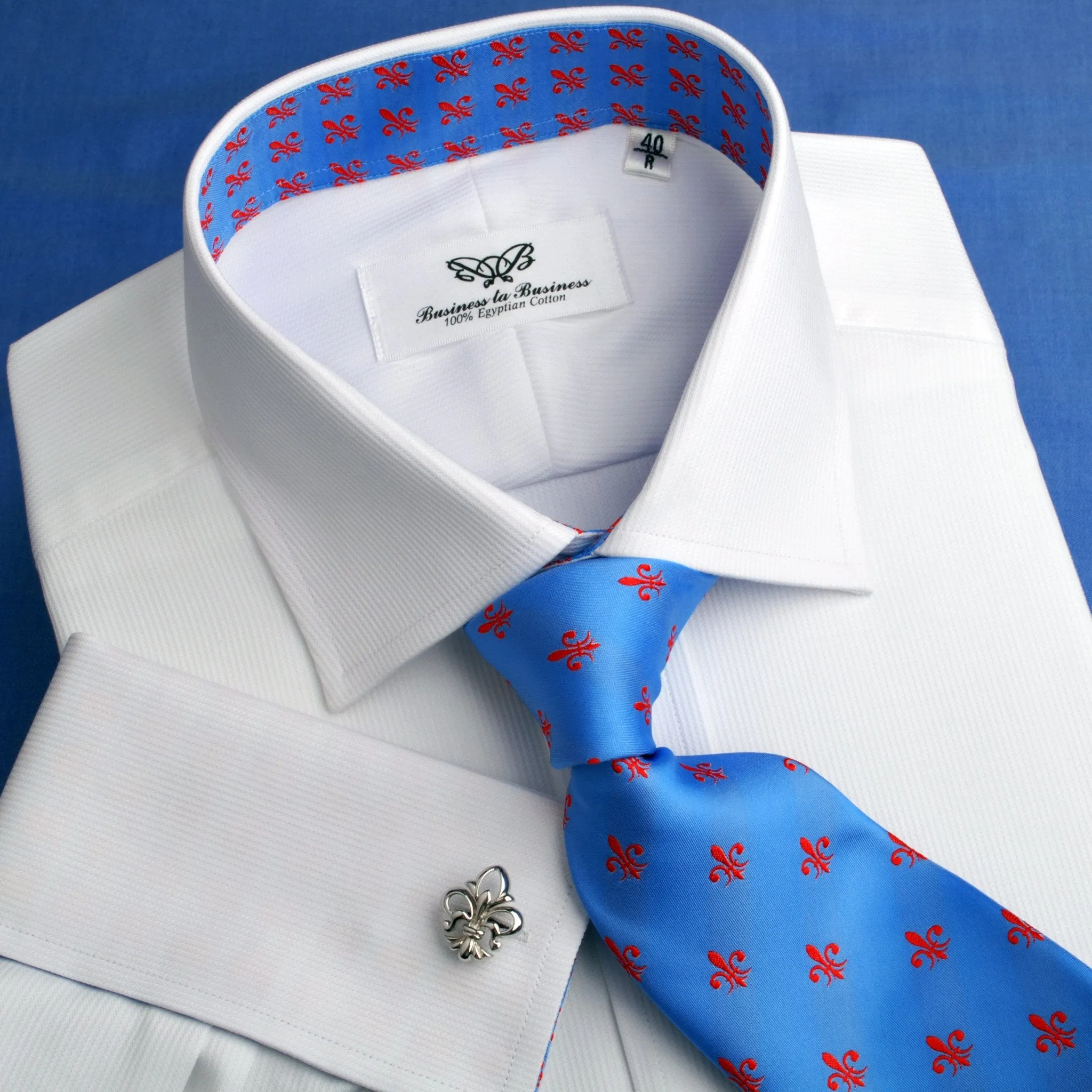 White Shadow Fade Twill Formal Business Dress Shirt with Fleur-De-Lis