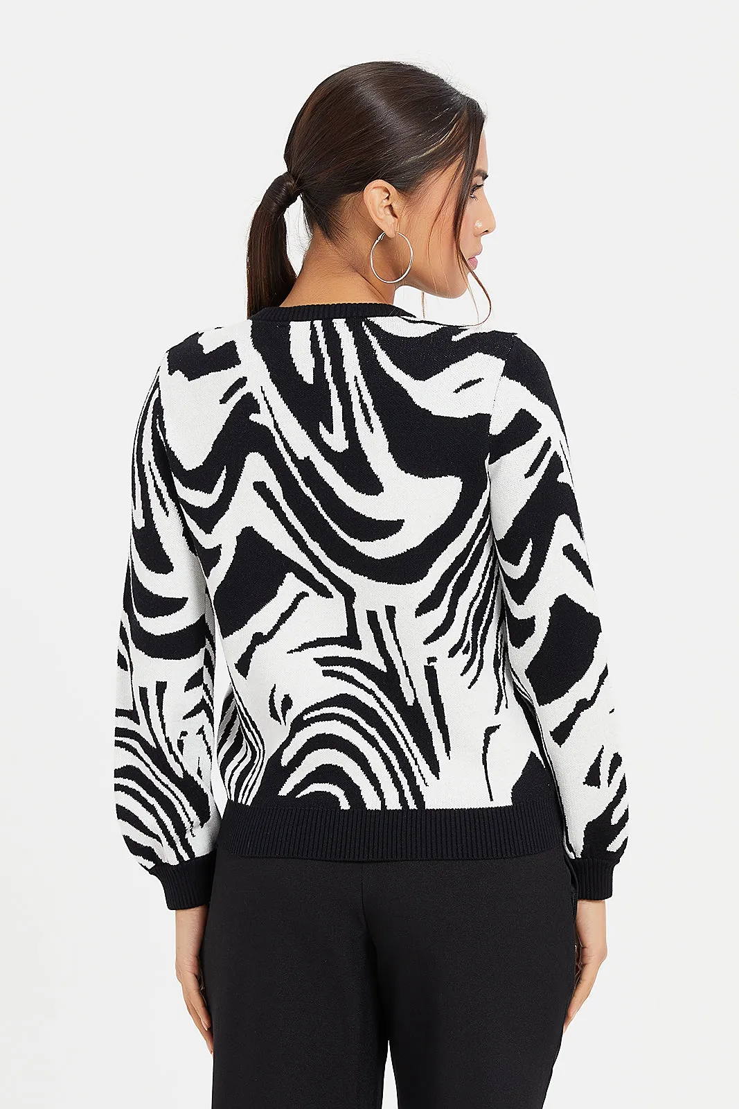 Women Black And White Printed Cardigan