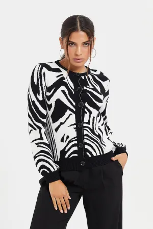 Women Black And White Printed Cardigan