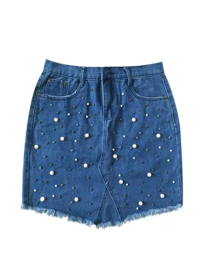 Women Denim Skirt Pearl Beading Jeans Skirt